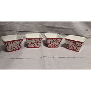 Ciroa Simple Serve Fiori Red & White Square Bowls 4" x 4" Set of 4 Porcelain EUC